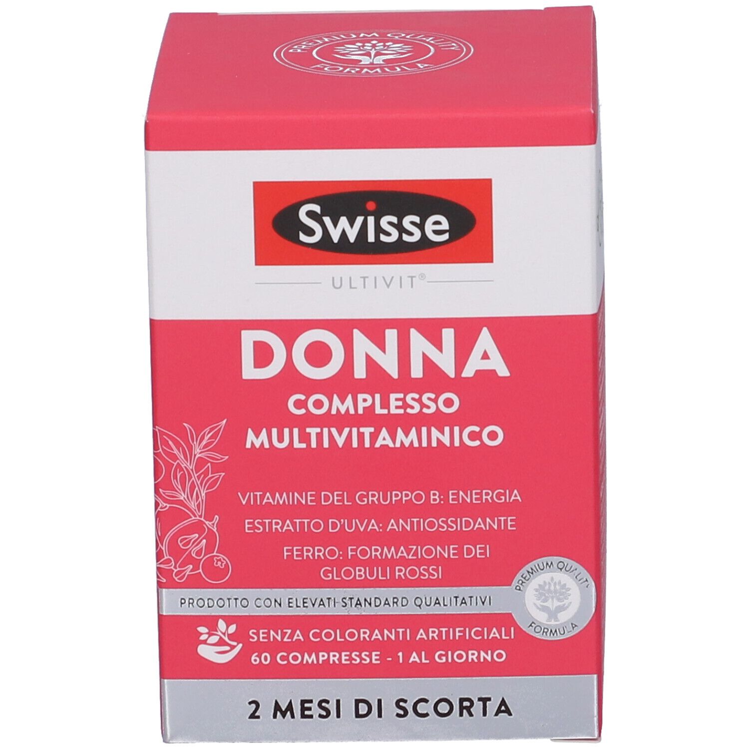 Confezione del prodotto: scatola. Scritta: Swisse Ultivit Donna. Contiene complesso multivitaminico. 60 compresse.