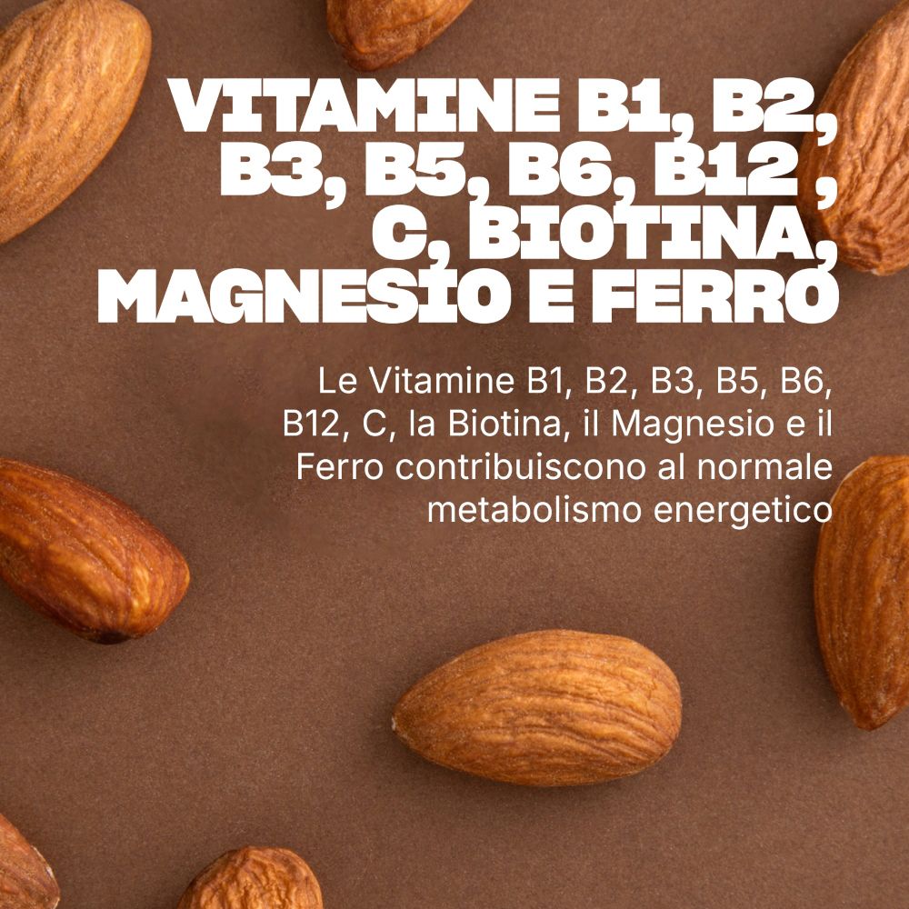 Mandeln und Text über B-Vitamine, Biotin, Magnesium und Eisen für den Energiestoffwechsel.