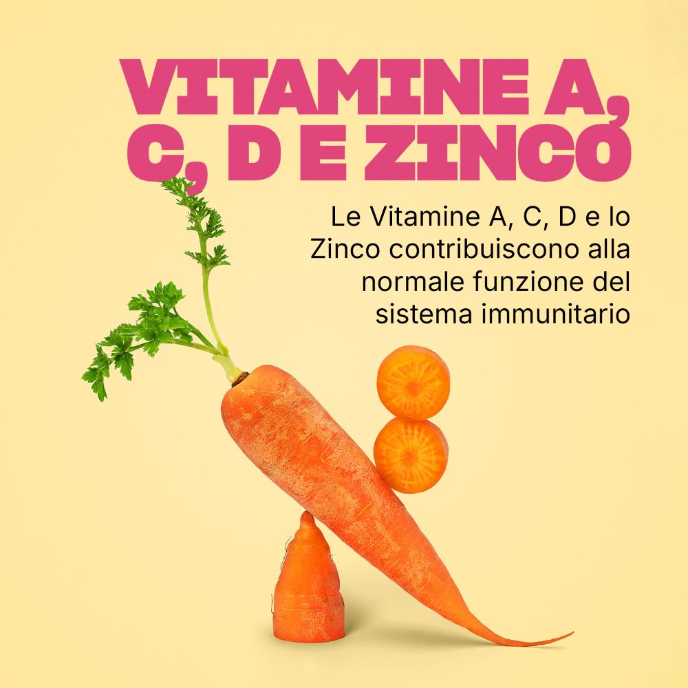 Karotte und Text über Vitamine A, C, D und Zink für das Immunsystem.