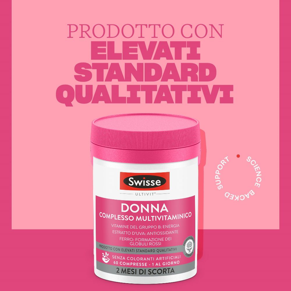 Dose von Swisse Multivit Donna, ein Multivitaminpräparat für Frauen, mit Qualitätsmerkmalen.