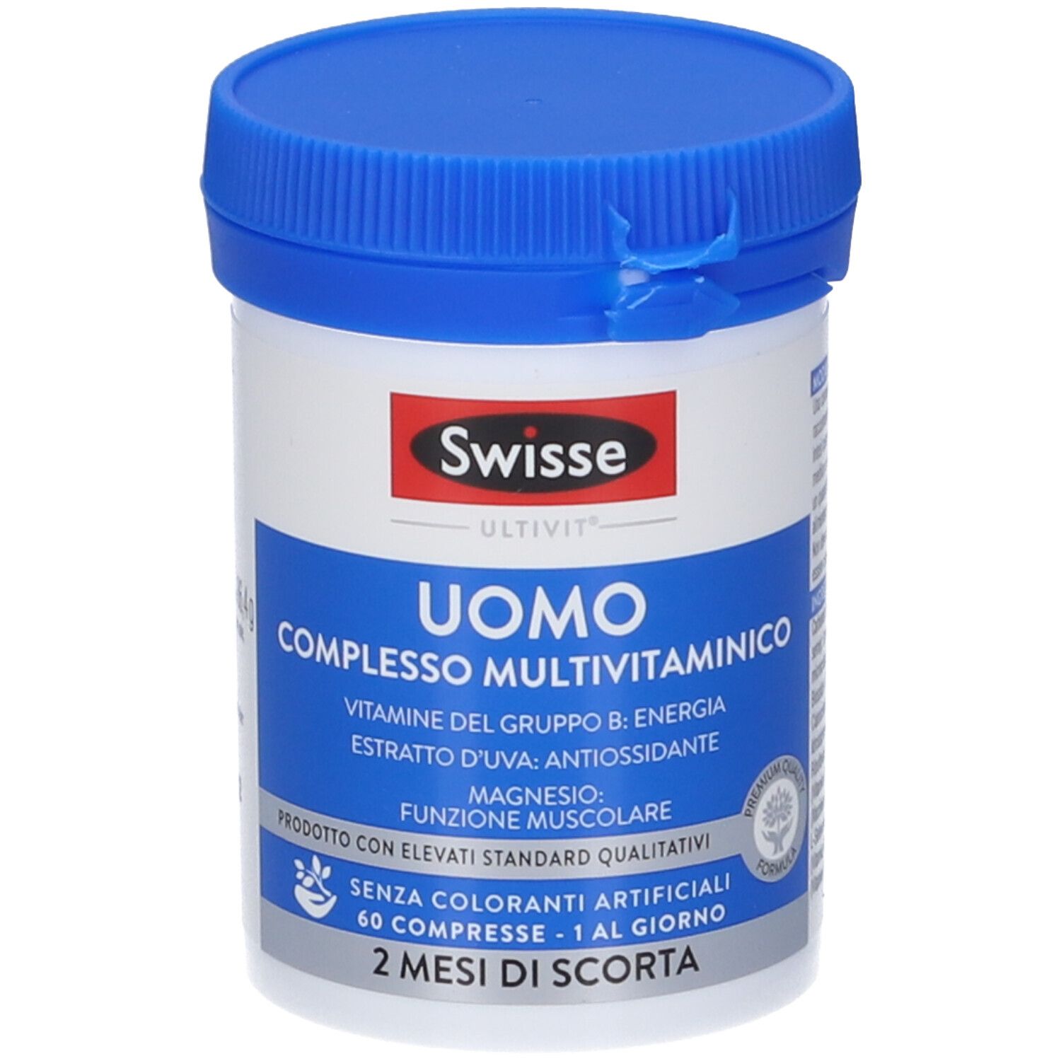 Contenitore bianco di multivitamine con coperchio blu. Scritta: Swisse Uomo Complesso Multivitaminico.