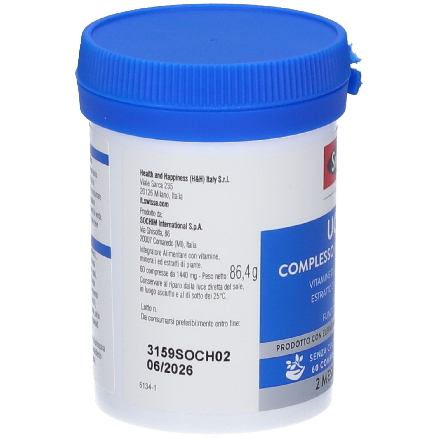 Retro del contenitore di multivitamine bianco con coperchio blu. Testo e numero di lotto visibili.