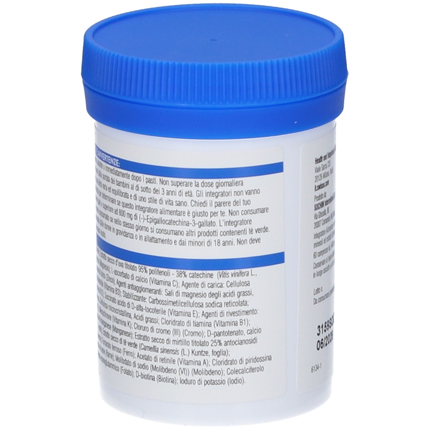 Retro del contenitore di multivitamine bianco con coperchio blu. Testo con ingredienti e altre informazioni.