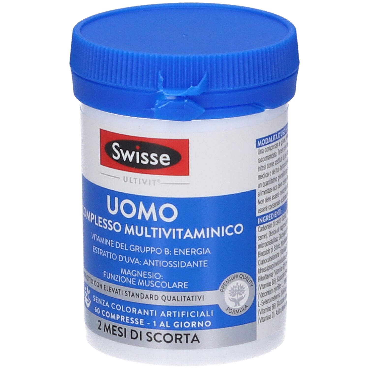 Contenitore bianco di multivitamine con coperchio blu. Scritta: Swisse Uomo Complesso Multivitaminico.