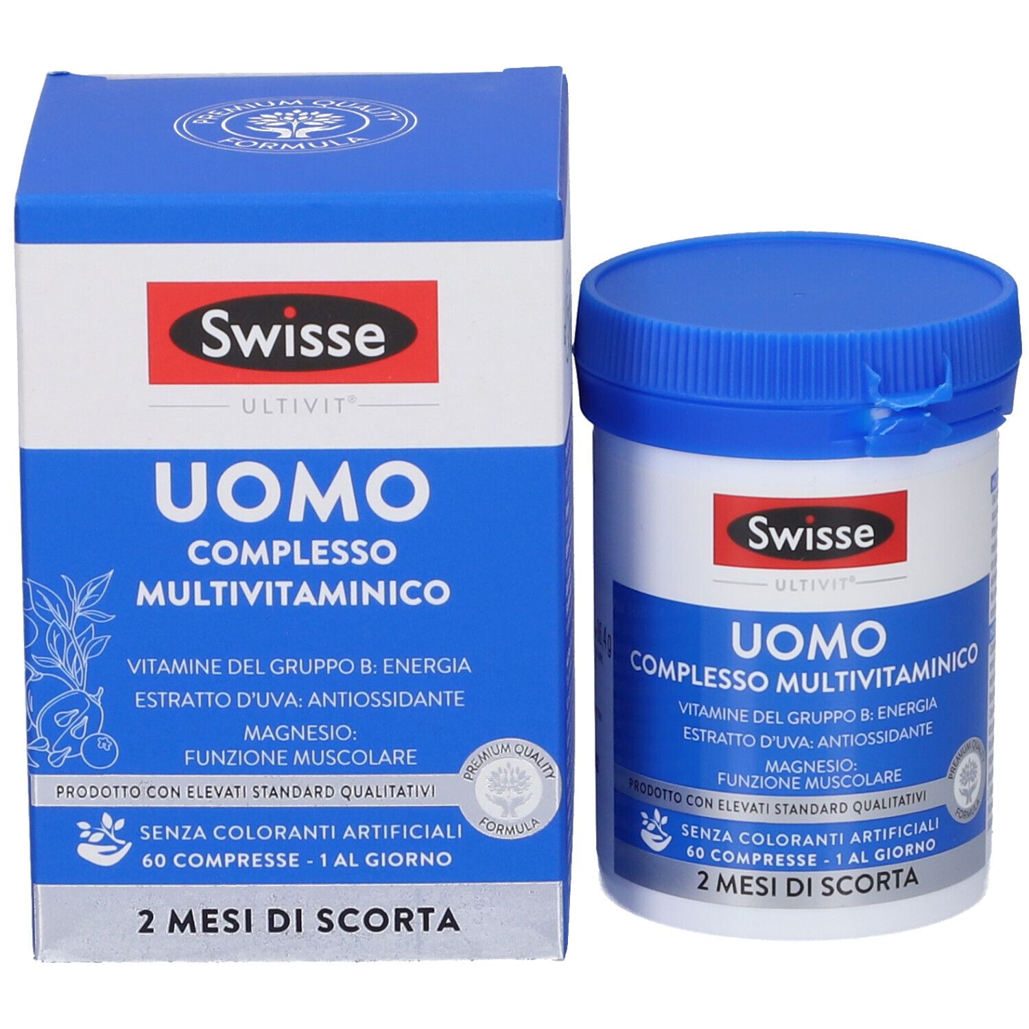 Contenitore e scatola di multivitamine. Scritta: Swisse Uomo Complesso Multivitaminico.