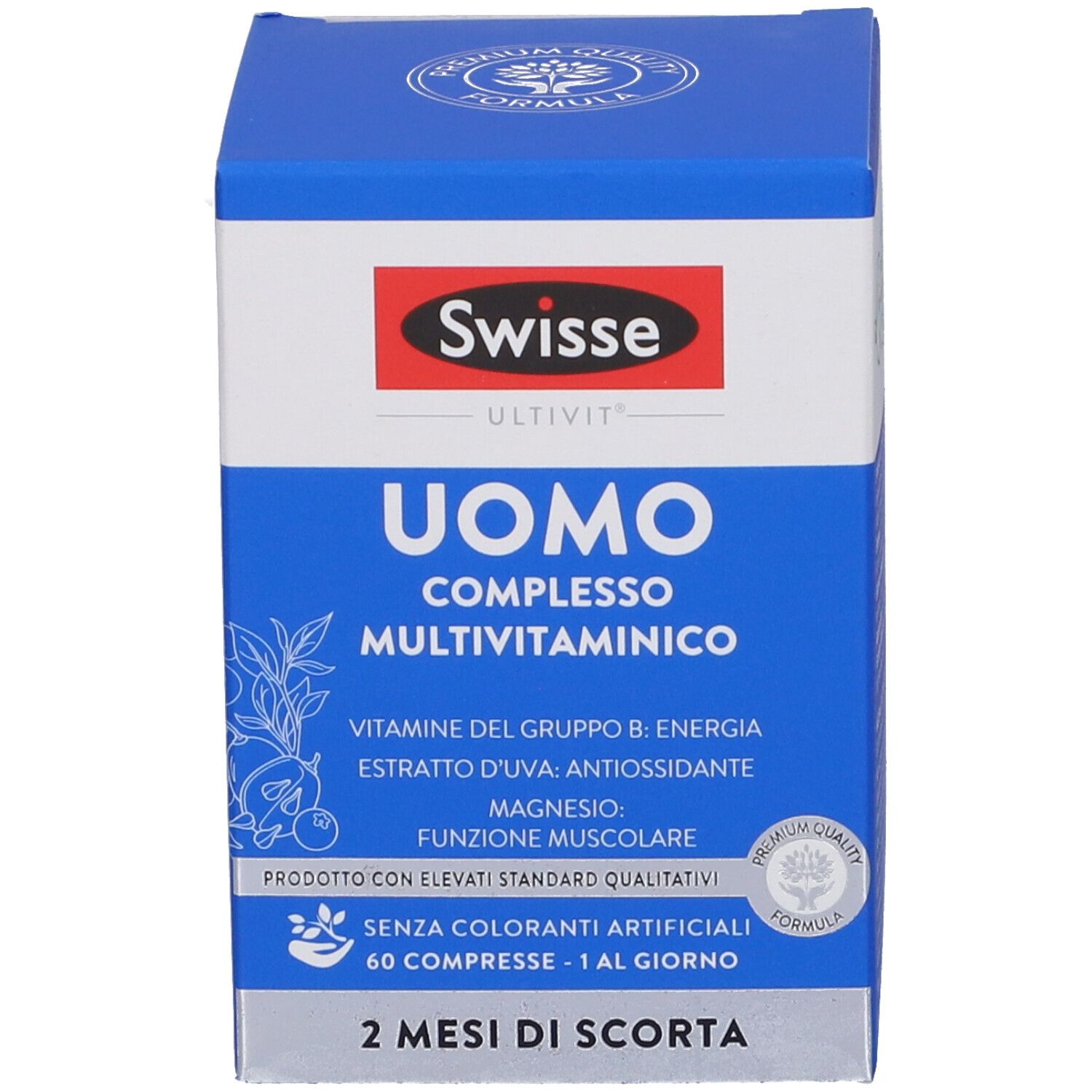 Scatola blu e bianca. Scritta: Swisse Uomo Complesso Multivitaminico.