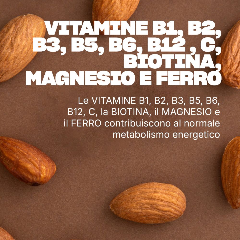 Mandeln und Text über Vitamine B1, B2, B3, B5, B6, B12, C, Biotin, Magnesium und Eisen für den Energiestoffwechsel.