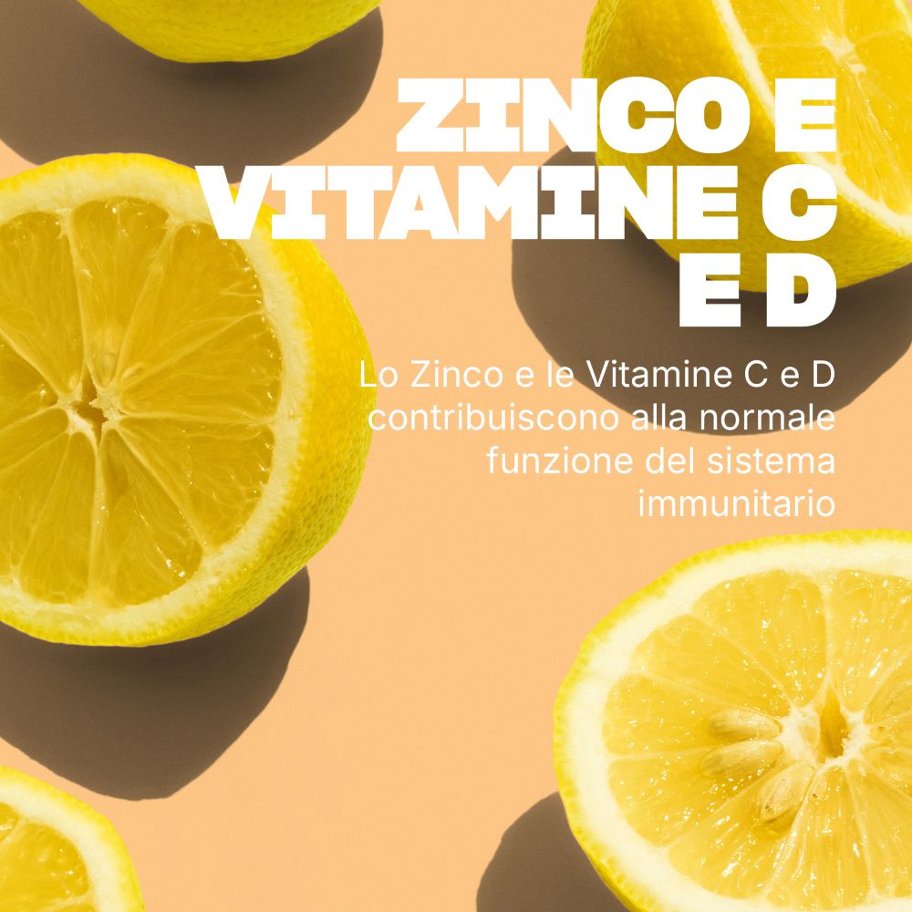 Zitronenscheiben und Text über Zink und Vitamine C, D für das Immunsystem.