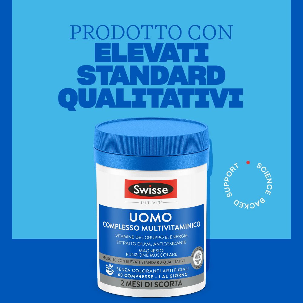 Swisse Uomo Multivitamin-Komplex Dose, hergestellt nach hohen Qualitätsstandards.
