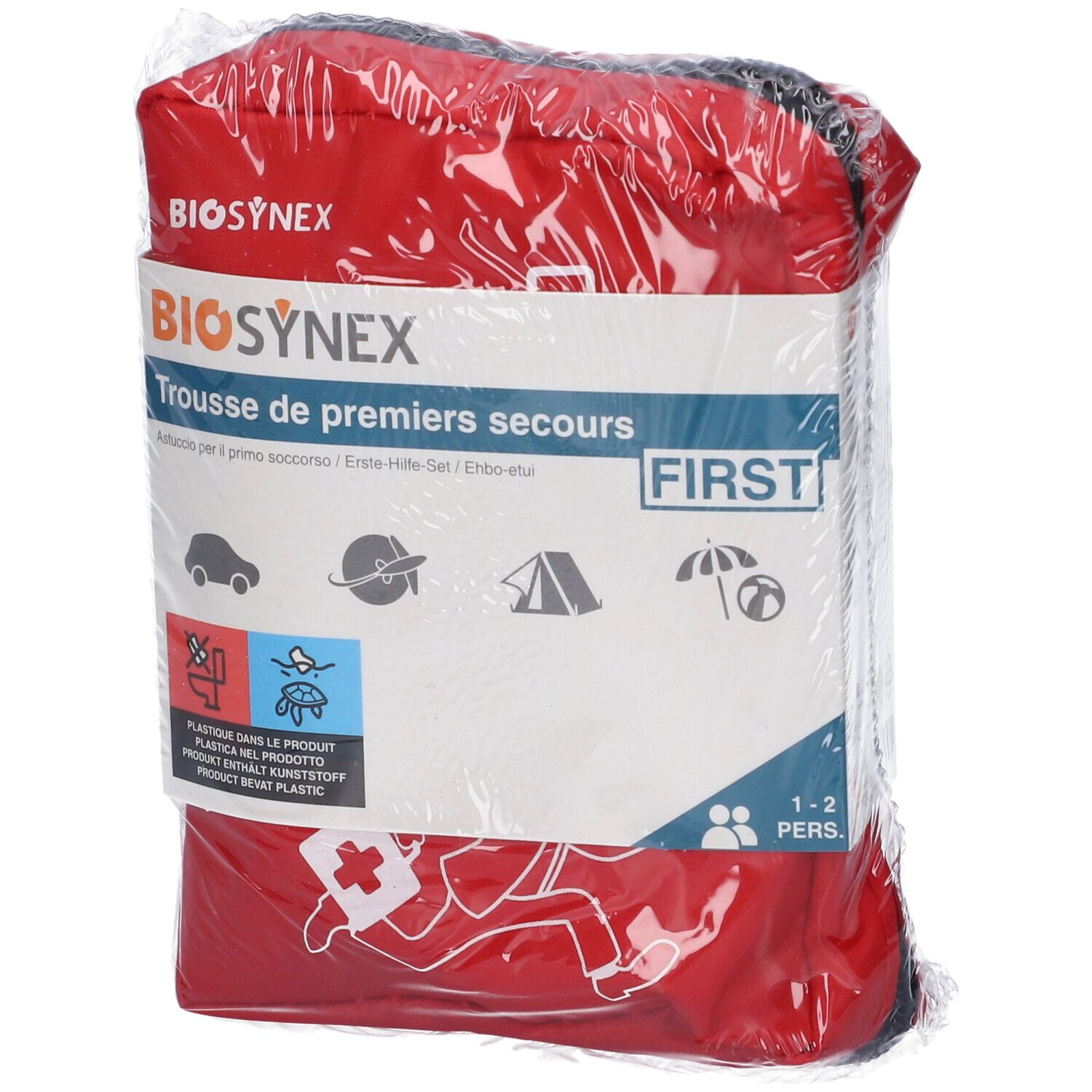 Borsetta di pronto soccorso rossa, confezionata. Scritta BIOSYNEX, Trousse de premiers secours. Per 1-2 persone.