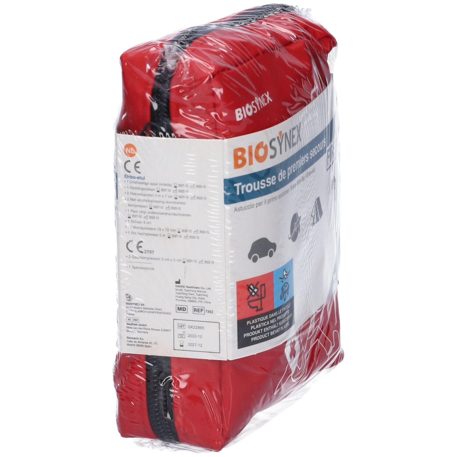 Borsetta di pronto soccorso rossa, confezionata. Scritta BIOSYNEX, Trousse de premiers secours. Marchio CE.