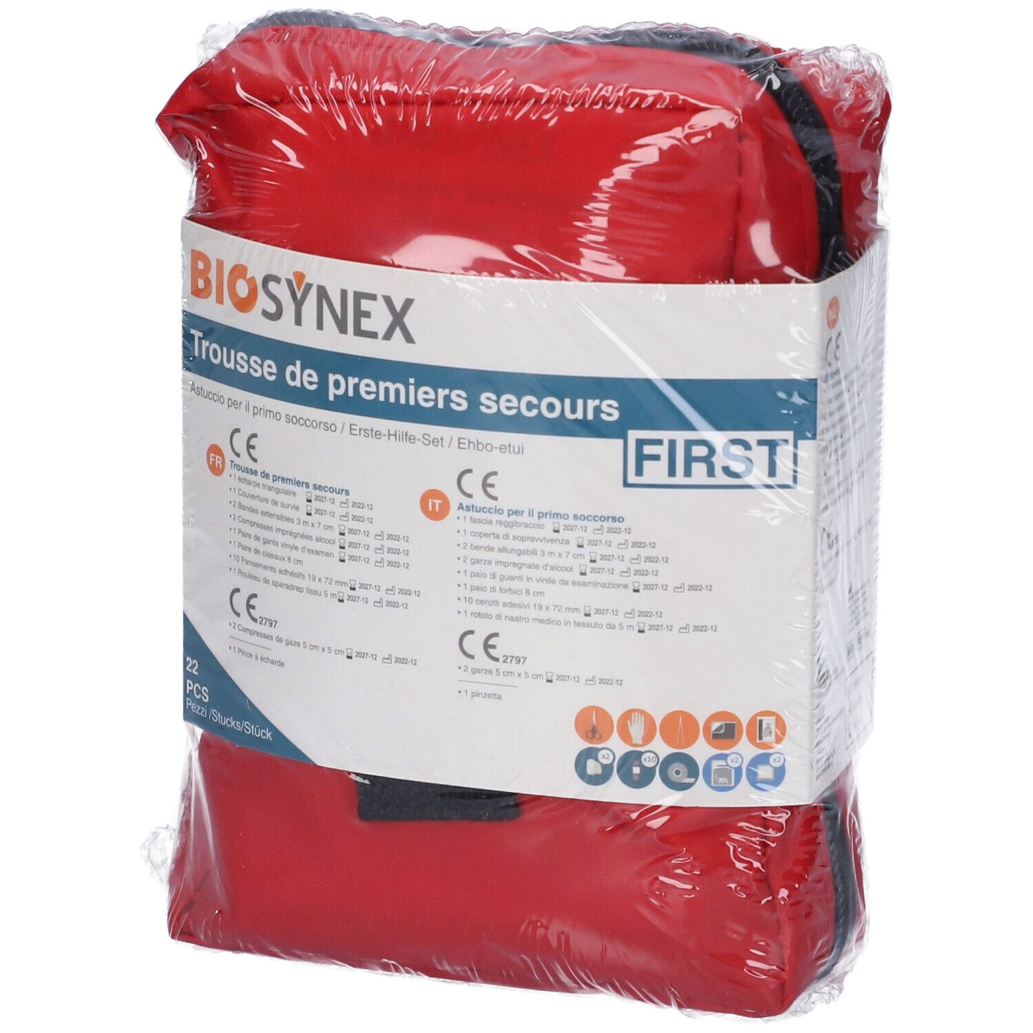 Borsetta di pronto soccorso rossa, confezionata. Scritta BIOSYNEX, Trousse de premiers secours. 22 pezzi. Marchio CE.