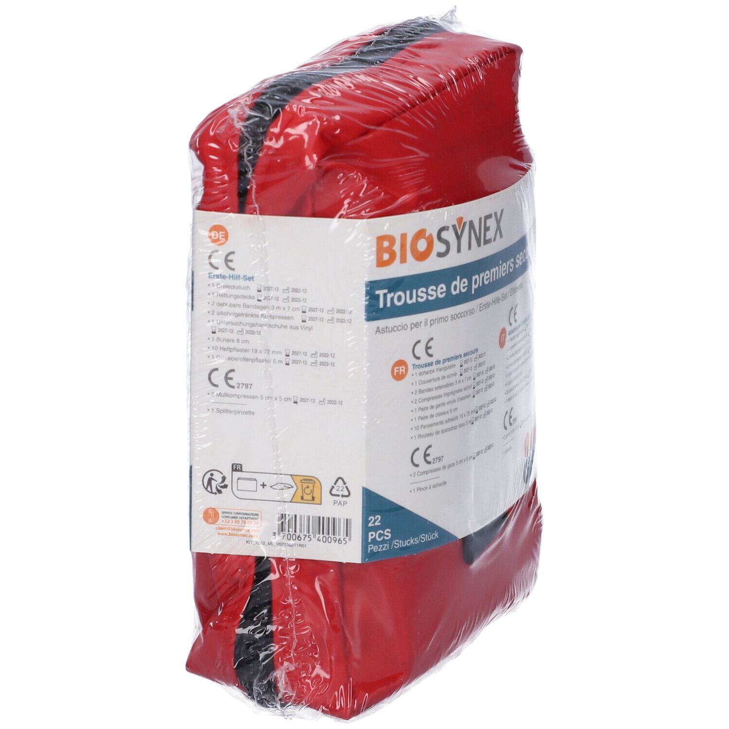 Borsetta di pronto soccorso rossa, confezionata. Scritta BIOSYNEX, Trousse de premiers secours. 22 pezzi. Marchio CE.