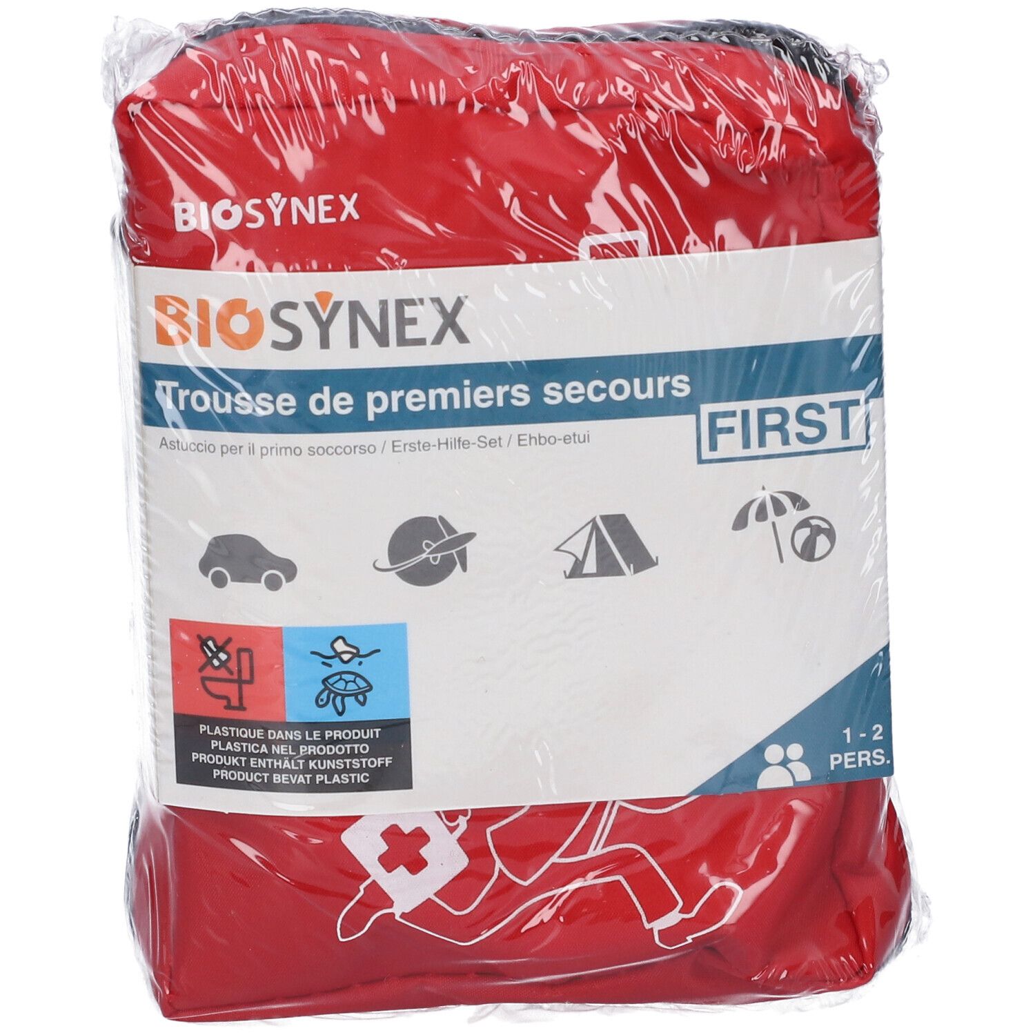 Borsetta di pronto soccorso rossa, confezionata. Scritta BIOSYNEX, Trousse de premiers secours. Per 1-2 persone.