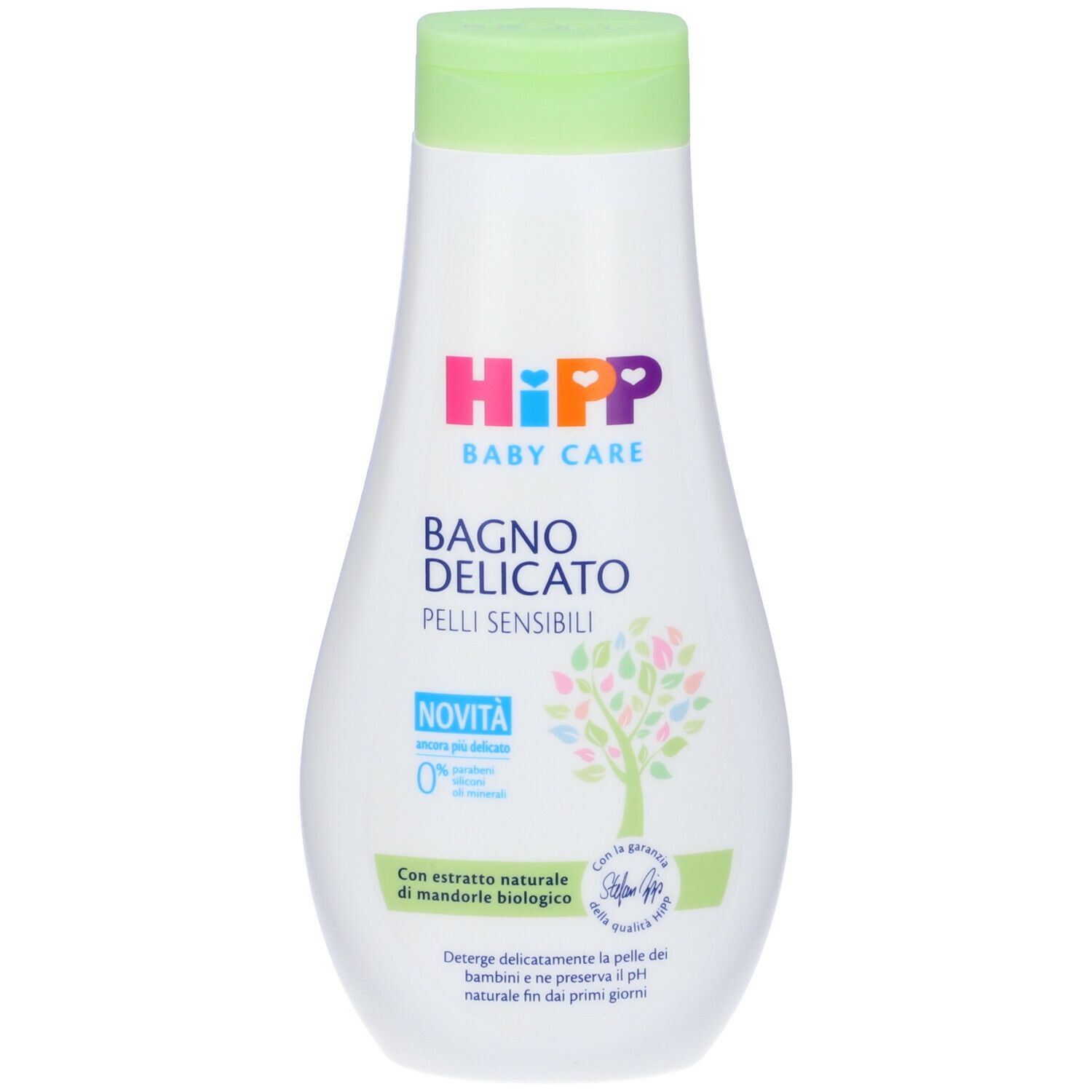 Flacone bianco-verde con logo HiPP e scritta 'Bagno Delicato'. Contiene estratto di mandorle. Per pelli sensibili.