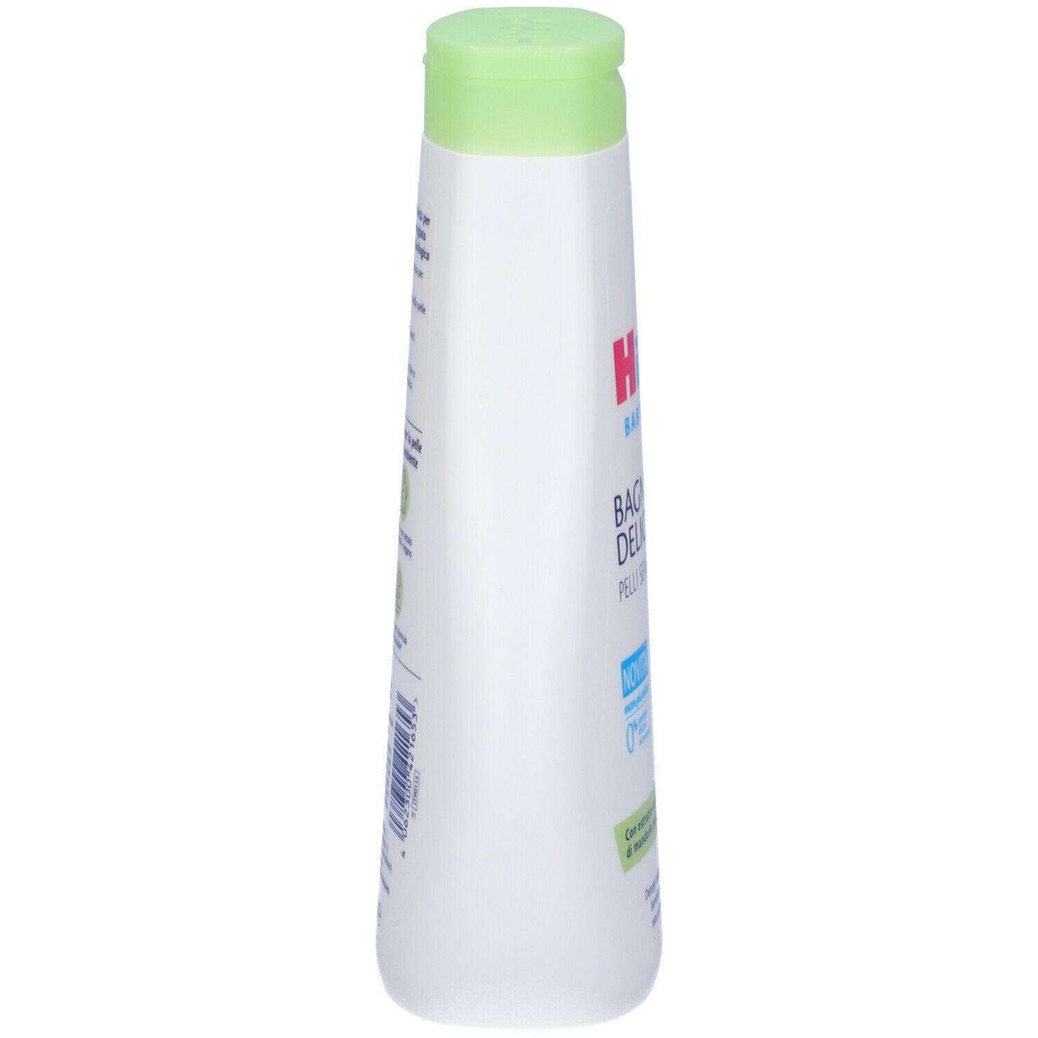 Flacone bianco-verde, vista laterale. Testo: HiPP, Bagno Delicato, ingredienti. Tappo verde, etichetta bianca.