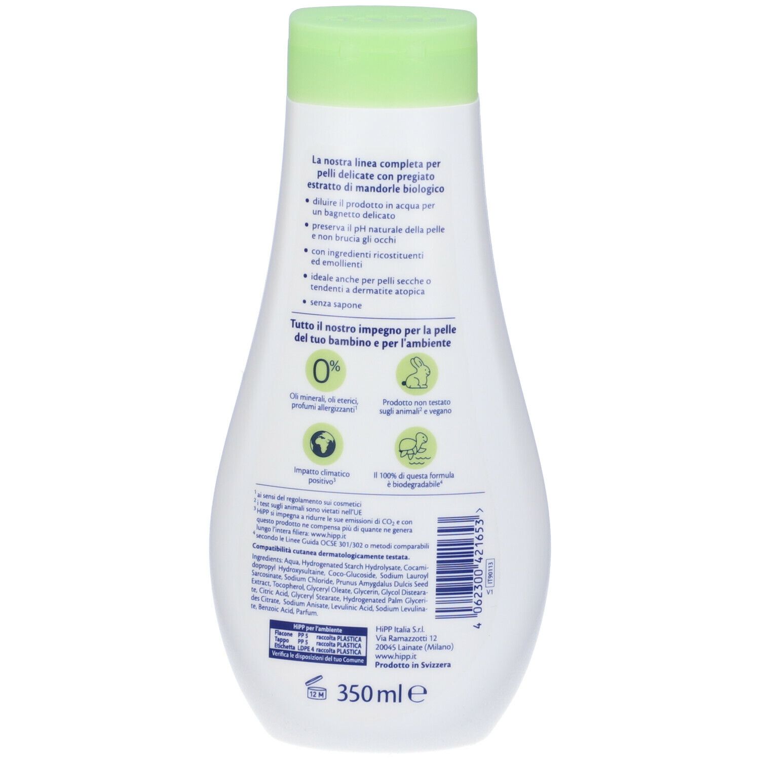 Retro del flacone bianco. Testo: ingredienti, 350 ml, informazioni. Logo verde, sfondo bianco.