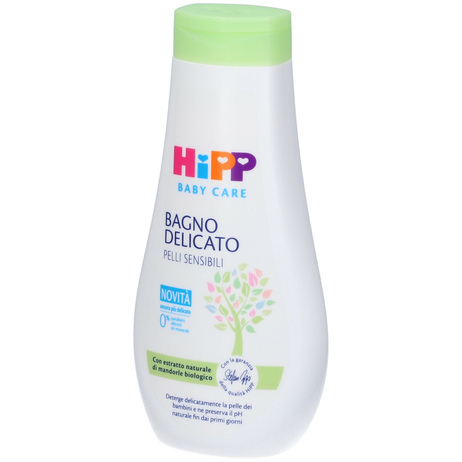 Flacone bianco-verde con logo HiPP e scritta 'Bagno Delicato'. Contiene estratto di mandorle. Per pelli sensibili.