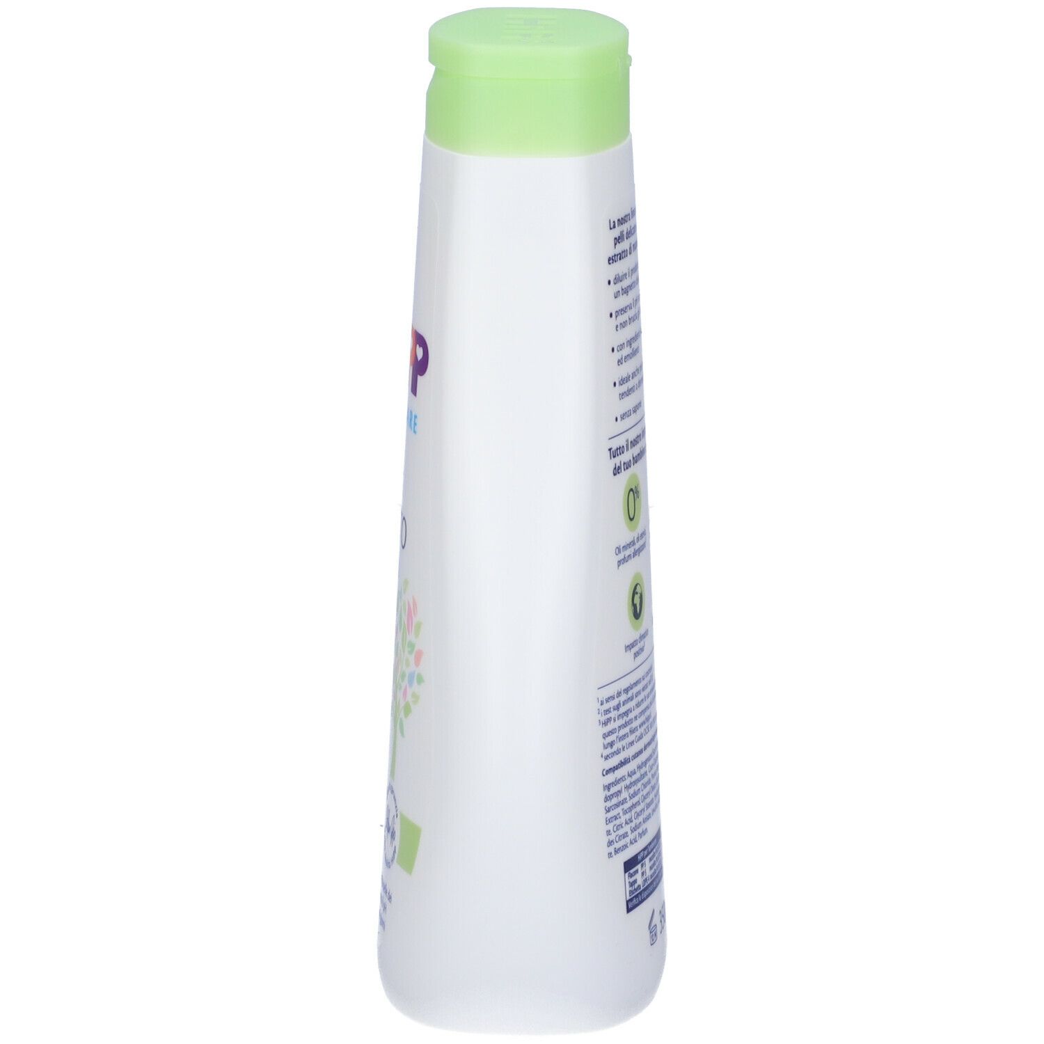 Vista laterale del flacone bianco. Testo: HiPP, Bagno Delicato, ingredienti. Tappo verde, etichetta bianca.