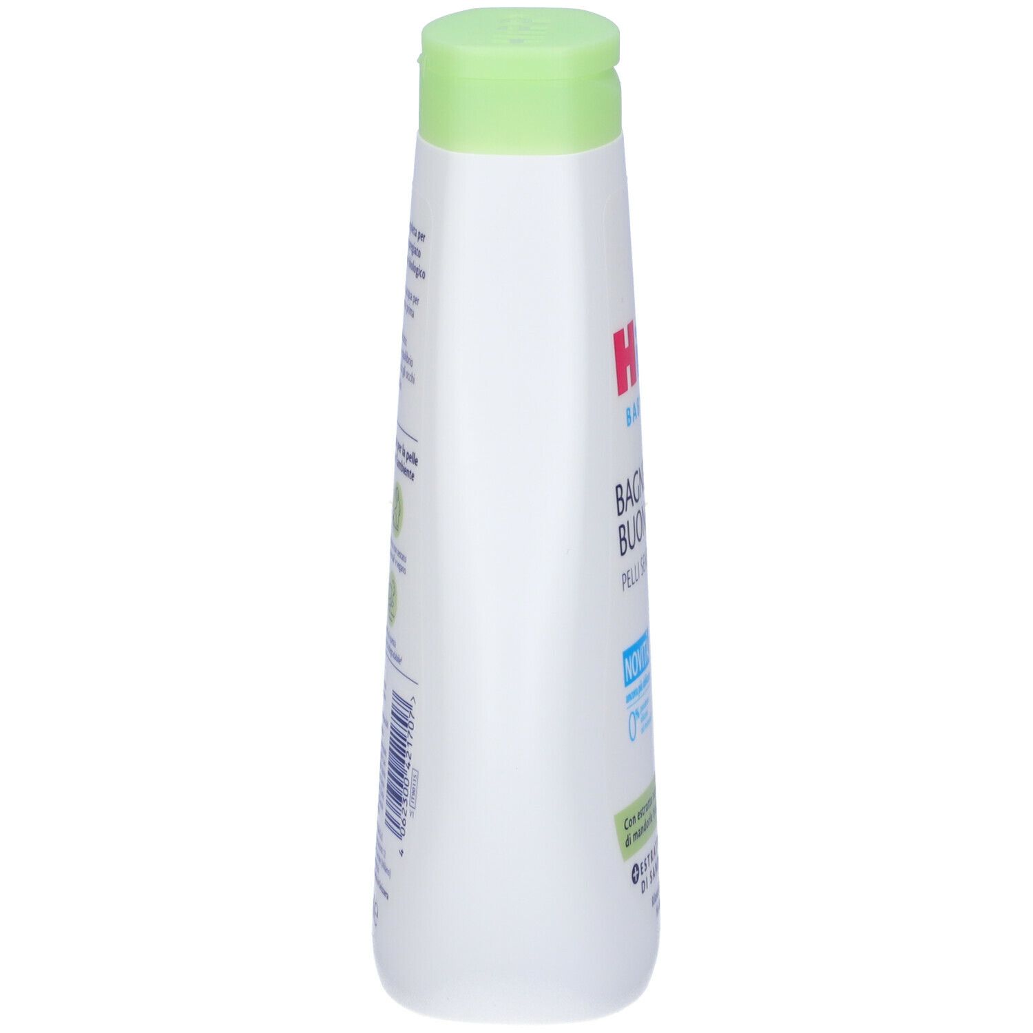 Flacone bianco-verde, vista laterale. Logo e testo parzialmente visibili. Etichetta con testo e illustrazioni.