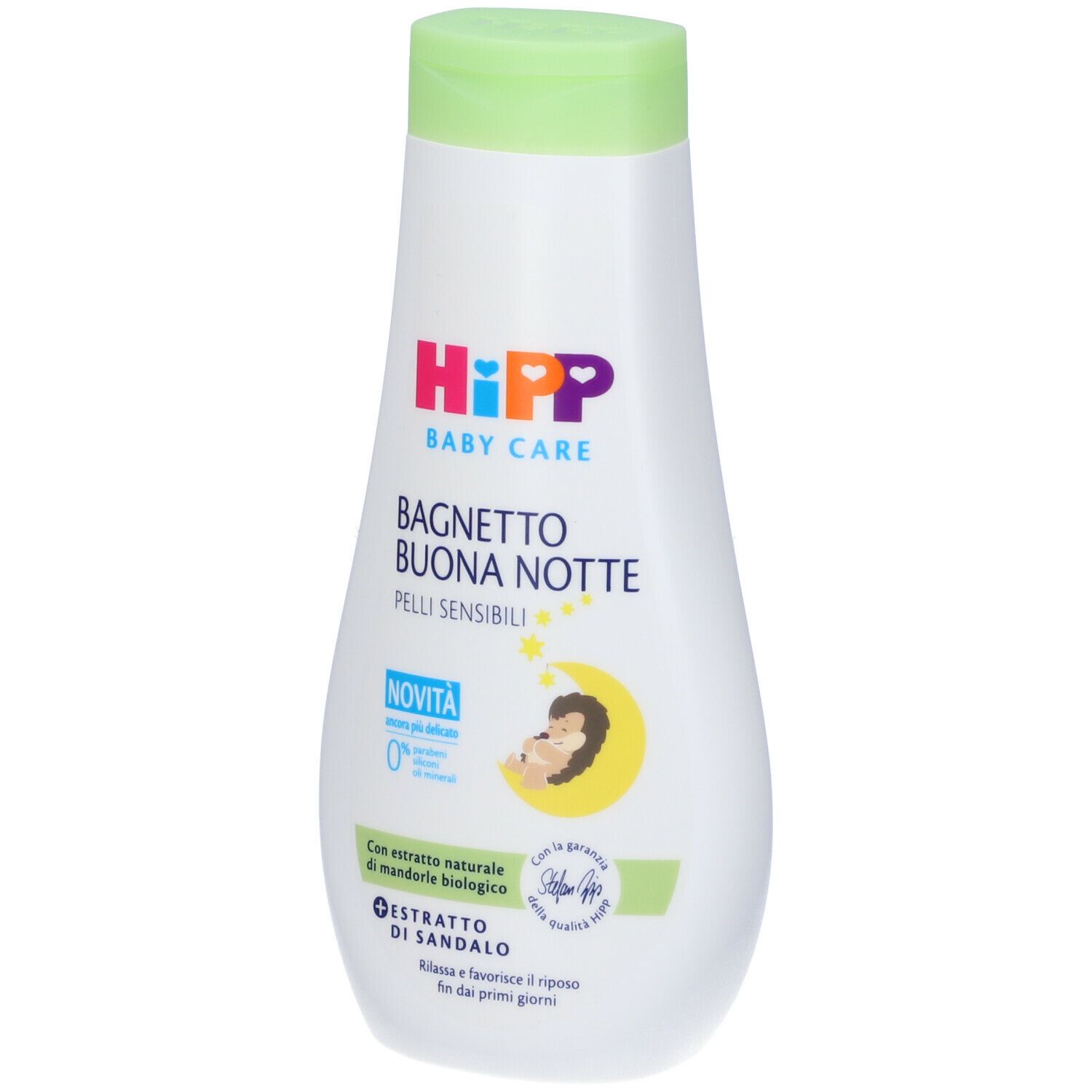 Flacone bianco-verde con logo rosa-viola. Testo: Bagnetto Buona Notte, Pelli Sensibili. Con illustrazioni e testo.