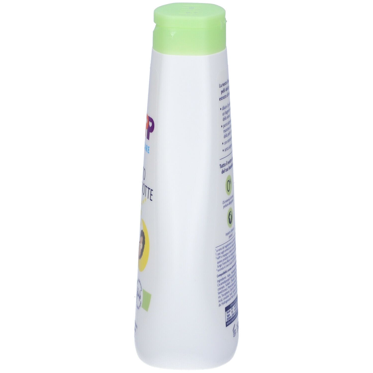 Flacone bianco-verde, vista laterale. Logo e testo parzialmente visibili. Etichetta con testo e illustrazioni.