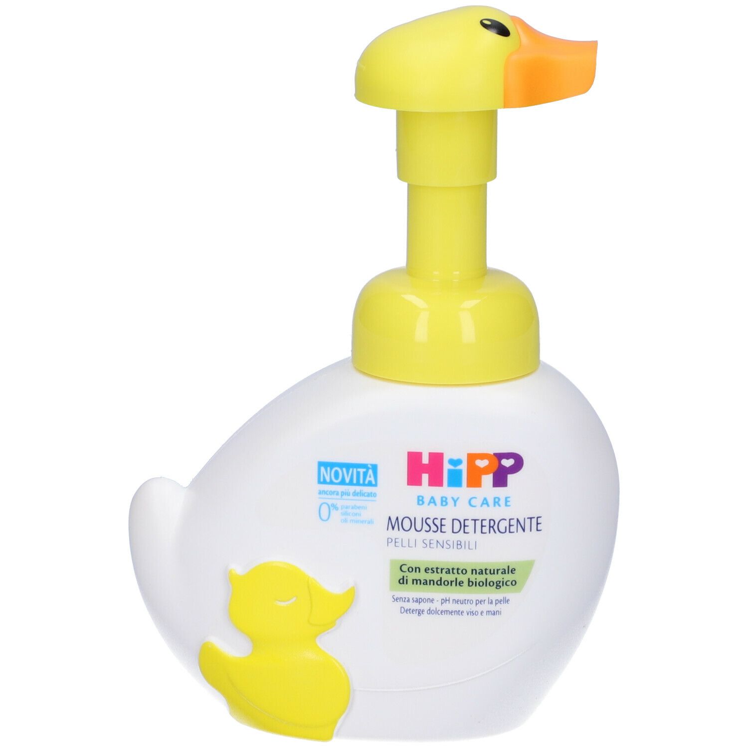 Flacone bianco a forma di anatra con erogatore giallo. Scritta: Hipp Baby Care Mousse Detergente. Con etichetta.