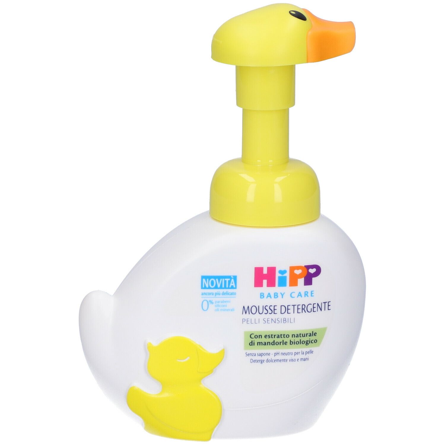 Flacone bianco a forma di anatra con erogatore giallo. Scritta: Hipp Baby Care Mousse Detergente. Con etichetta.
