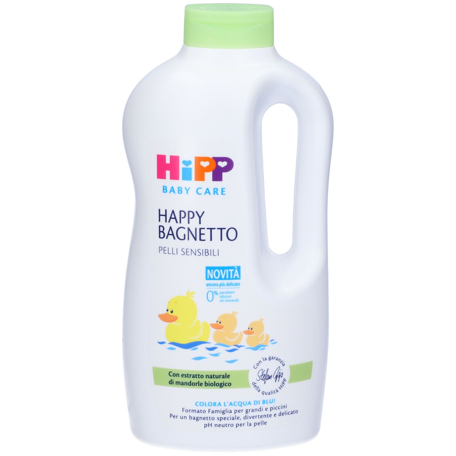 Bottiglia bianca con tappo verde e manico. Scritta: Hipp Baby Care Happy Bagnetto. Illustrazione di anatre.