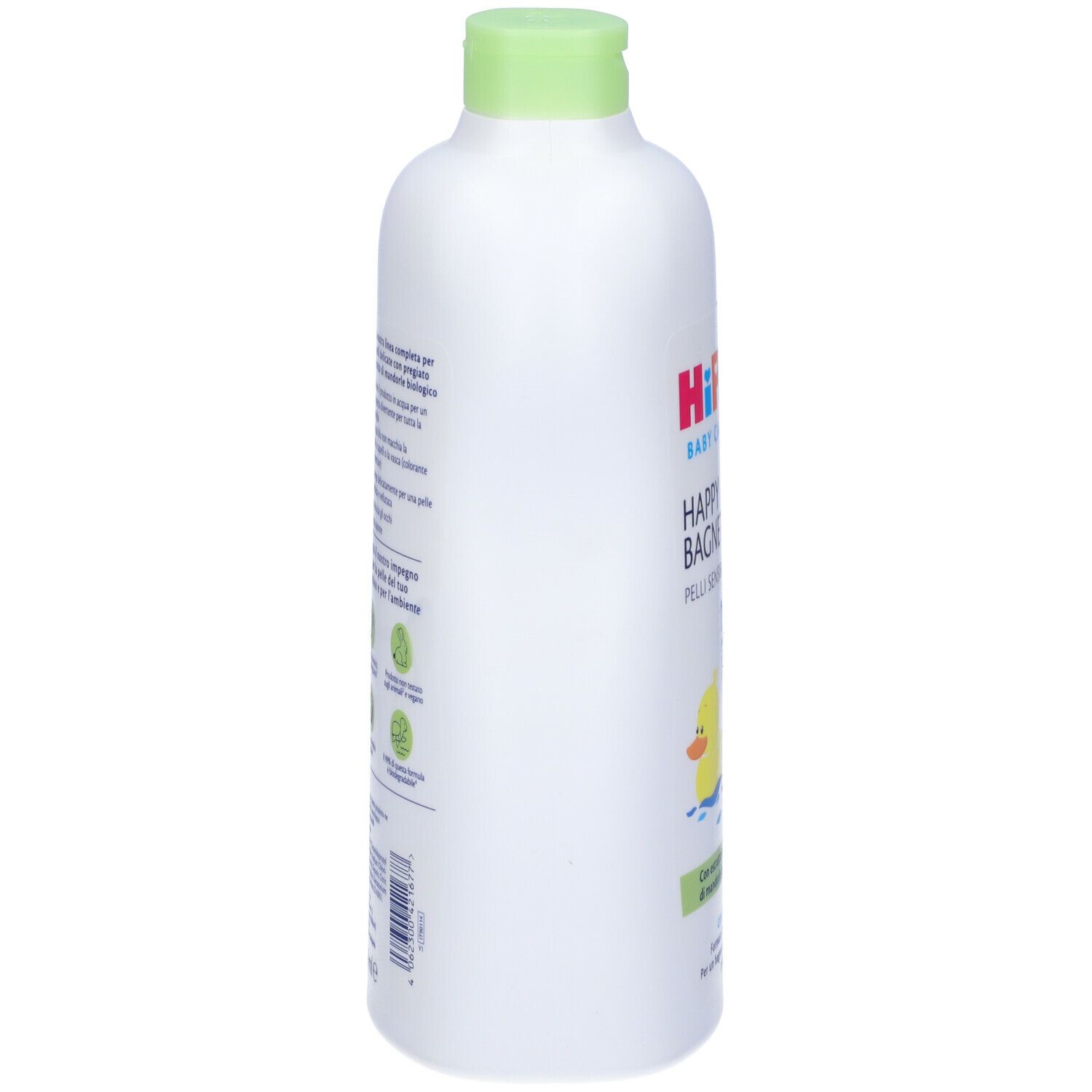 Bottiglia bianca con tappo verde. Testo e loghi sul lato. Nome del prodotto: Hipp Baby Care Happy Bagnetto.