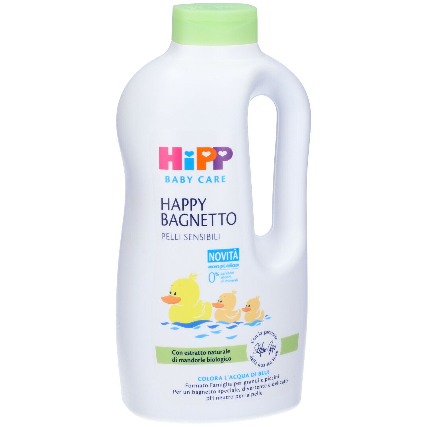 Bottiglia bianca con tappo verde e manico. Scritta: Hipp Baby Care Happy Bagnetto. Illustrazione di anatre.