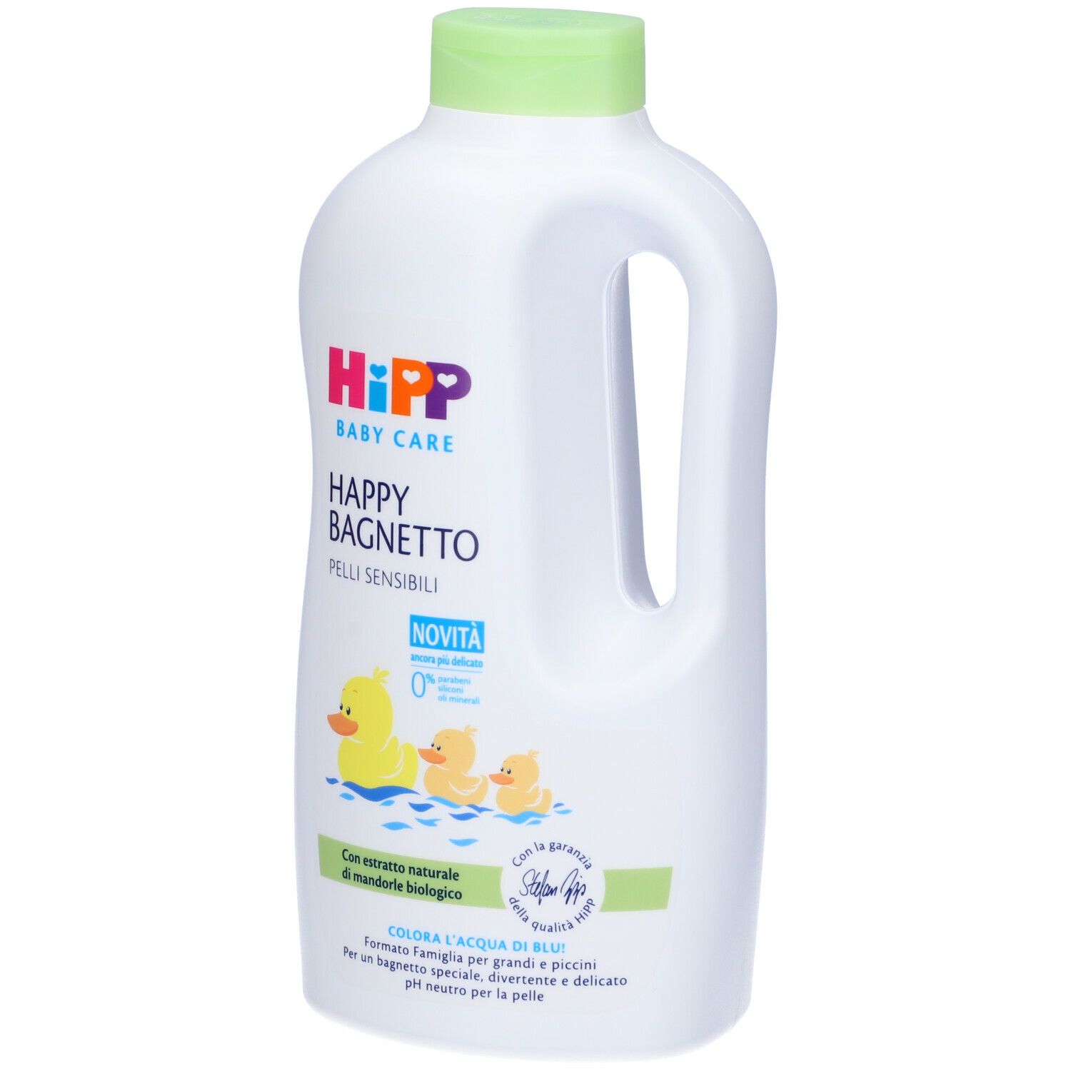 Bottiglia bianca con tappo verde e manico. Scritta: Hipp Baby Care Happy Bagnetto. Illustrazione di anatre.