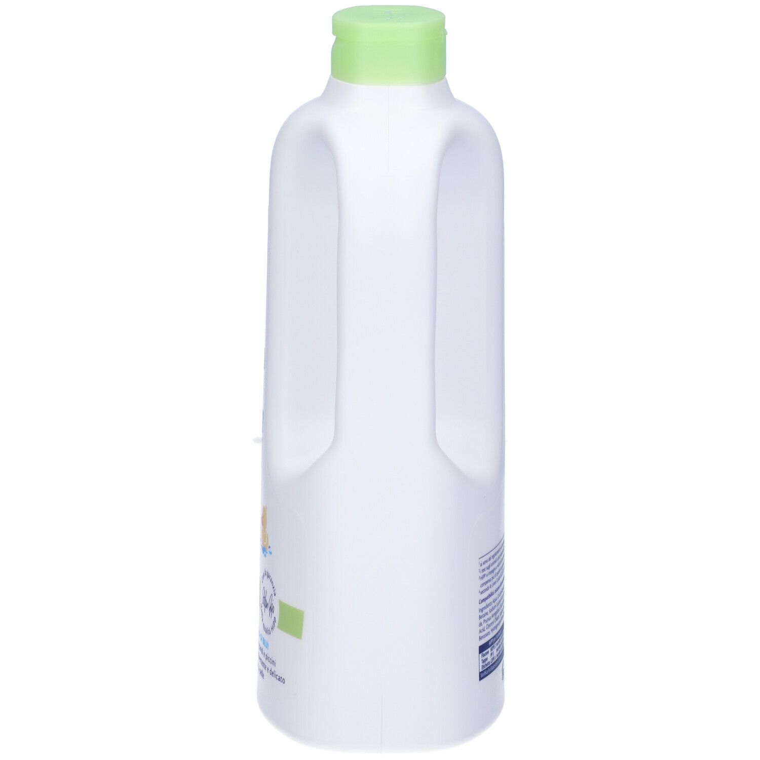 Bottiglia bianca con tappo verde. Testo e loghi sul lato. Nome del prodotto: Hipp Baby Care Happy Bagnetto.