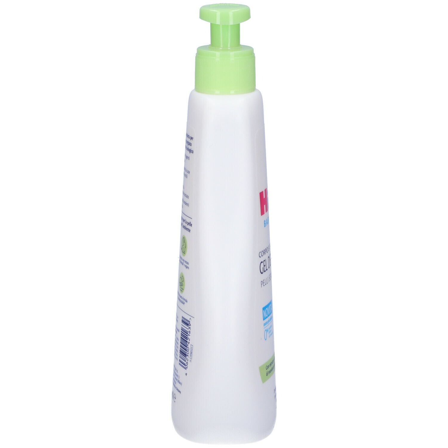 Flacone bianco con dosatore verde. Scritta: HIPP BABY CARE, Gel Detergente, Pelli Sensibili. Vista laterale.