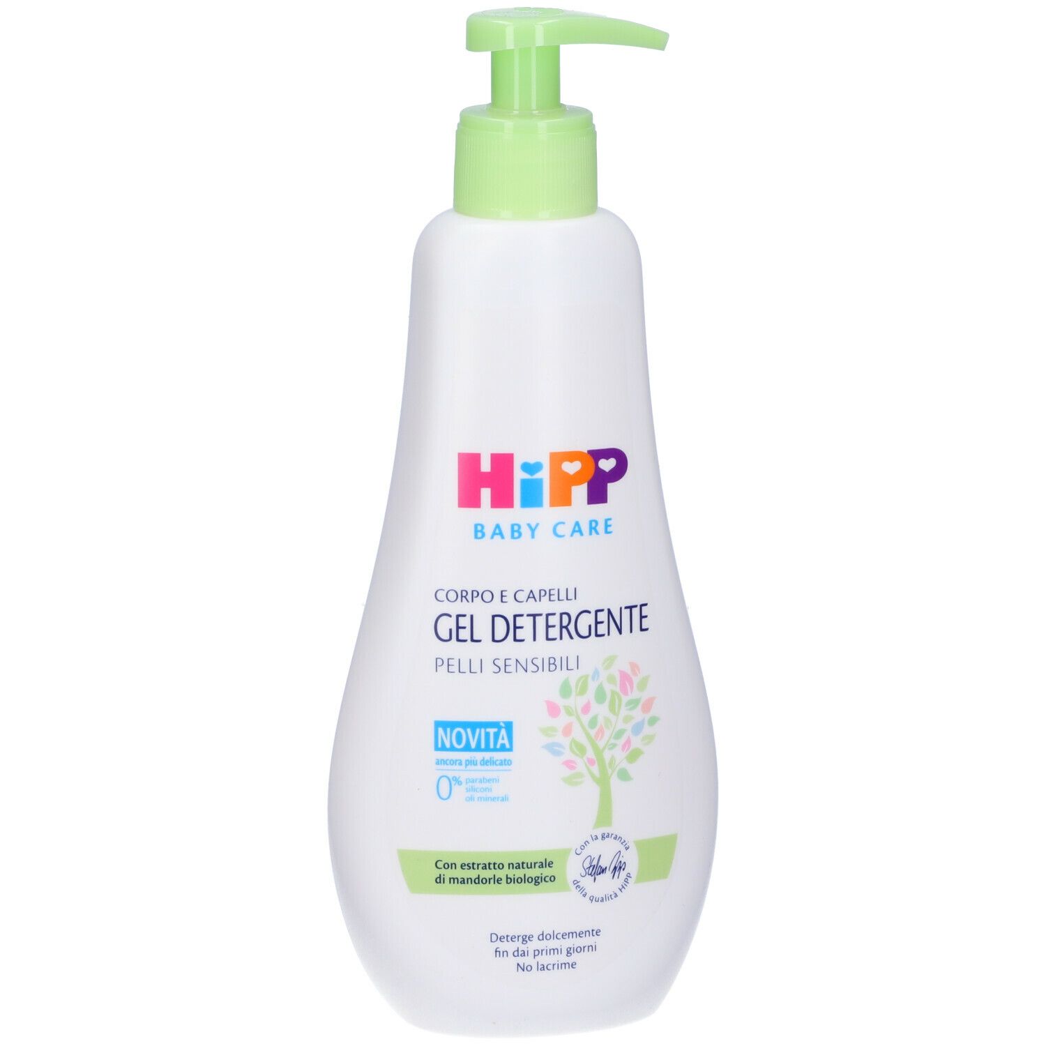 Flacone bianco con dosatore verde. Scritta: HIPP BABY CARE, Gel Detergente, Pelli Sensibili. Con estratto di mandorle biologiche.