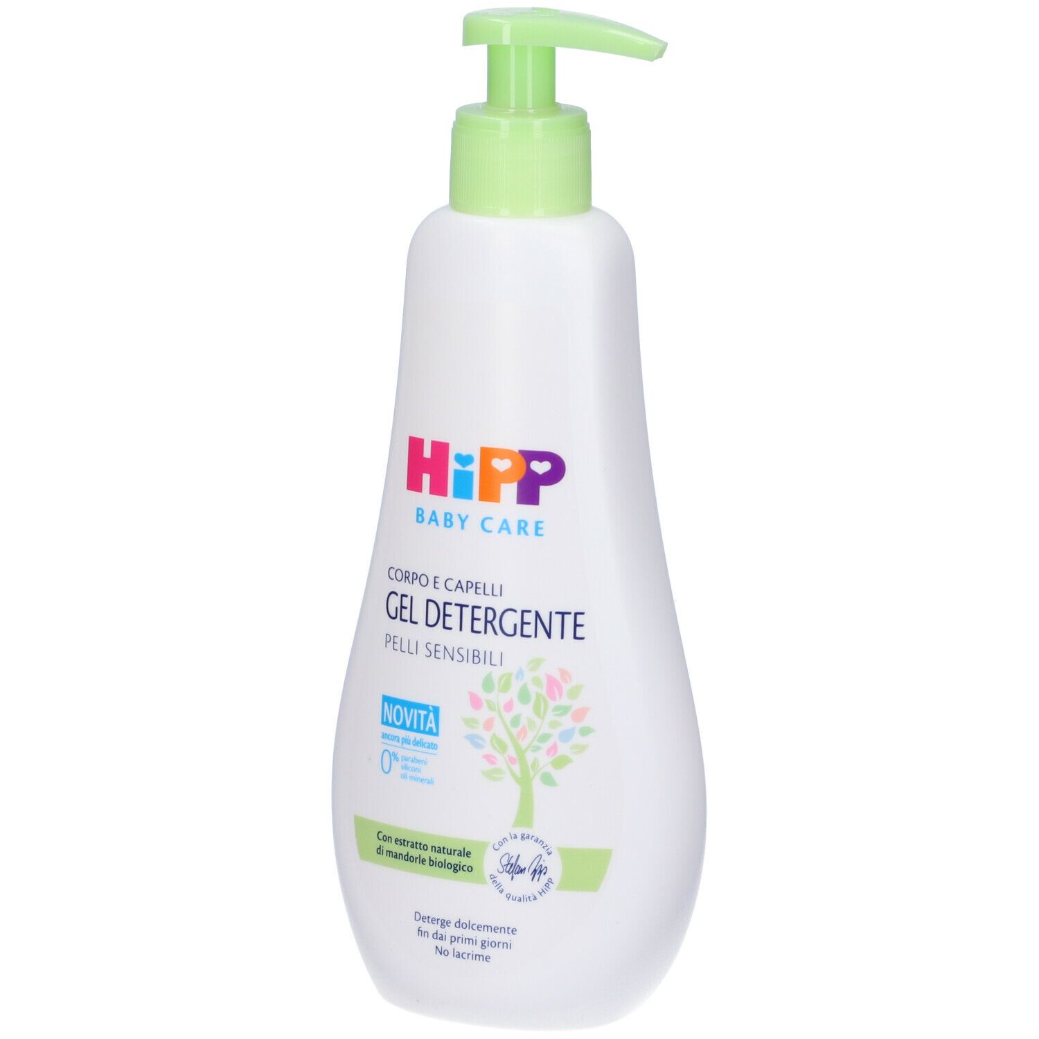 Flacone bianco con dosatore verde. Scritta: HIPP BABY CARE, Gel Detergente, Pelli Sensibili. Con estratto di mandorle biologiche.