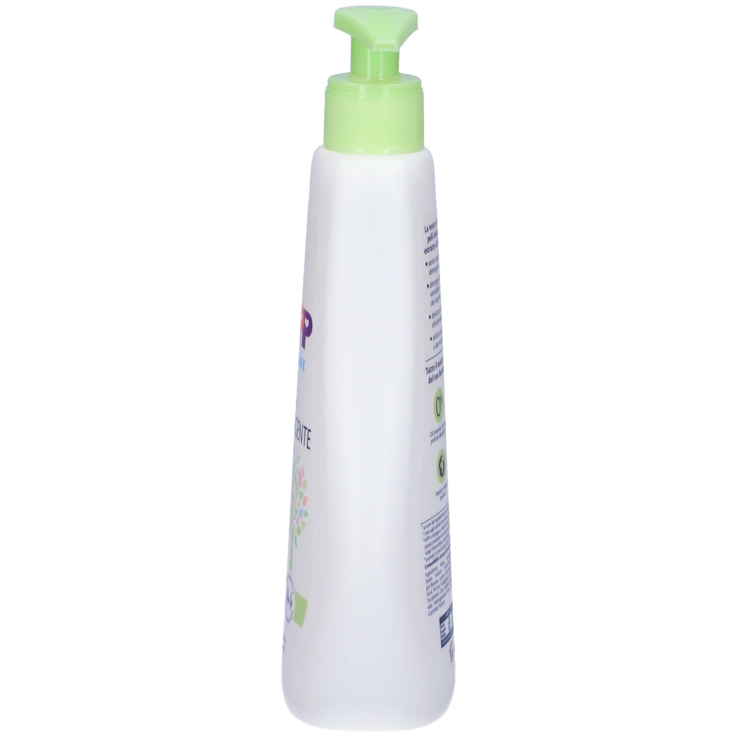 Flacone bianco con dosatore verde. Scritta: HIPP BABY CARE, Gel Detergente, Pelli Sensibili. Vista laterale.