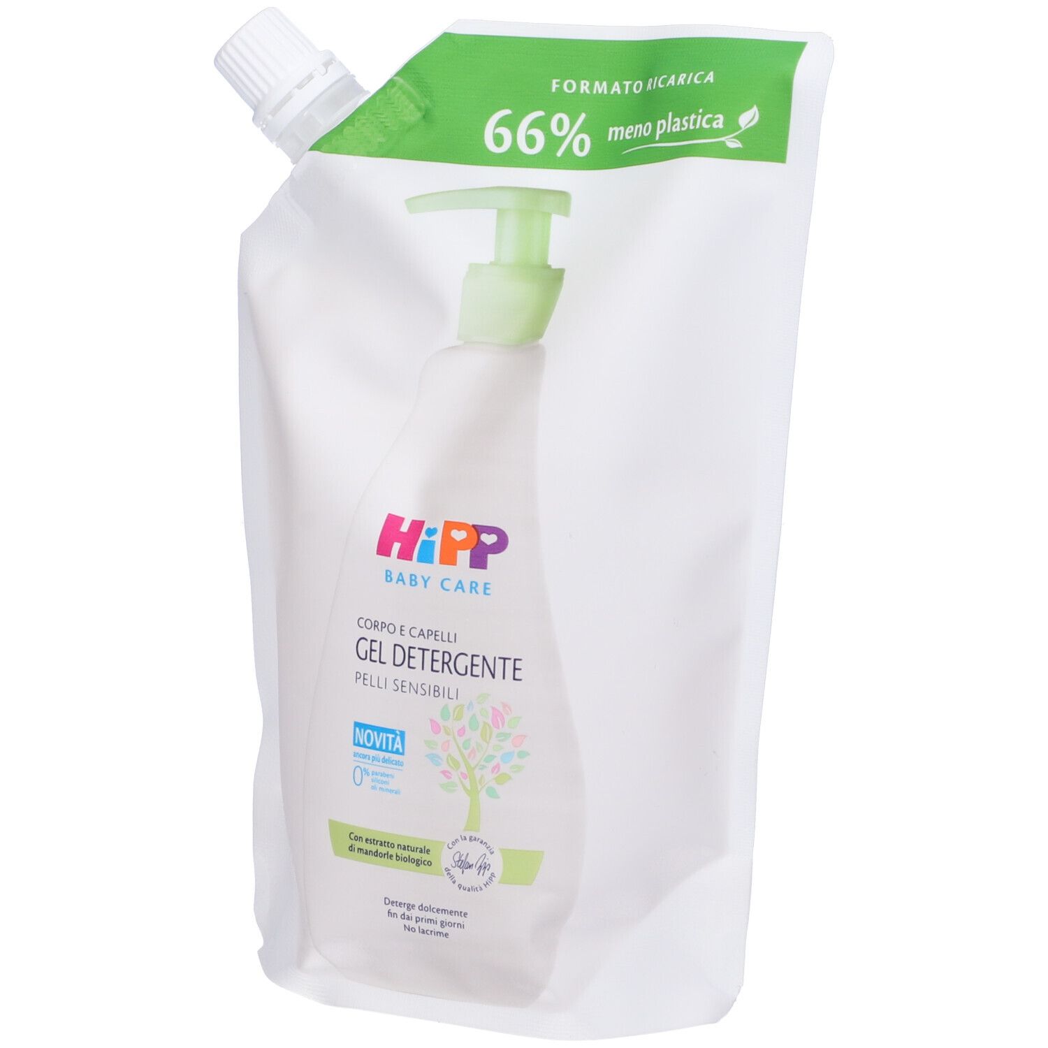 Ricarica di Gel Detergente Corpo e Capelli Hipp Baby Care. Confezione bianca con flacone prodotto. Logo e testo verde e rosa.