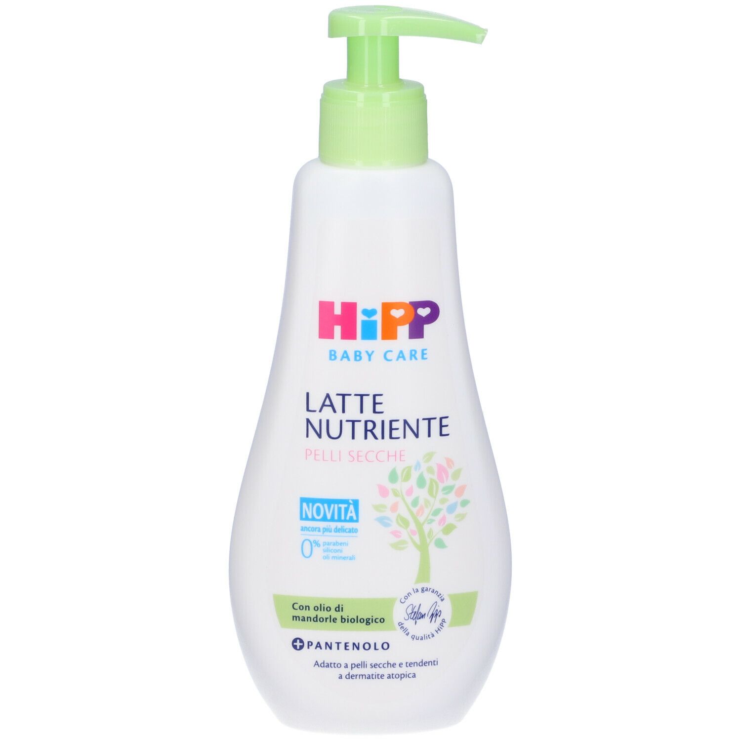 Flacone bianco con erogatore verde. Scritta: Hipp Baby Care Latte Nutriente. Novità. Per pelli secche.