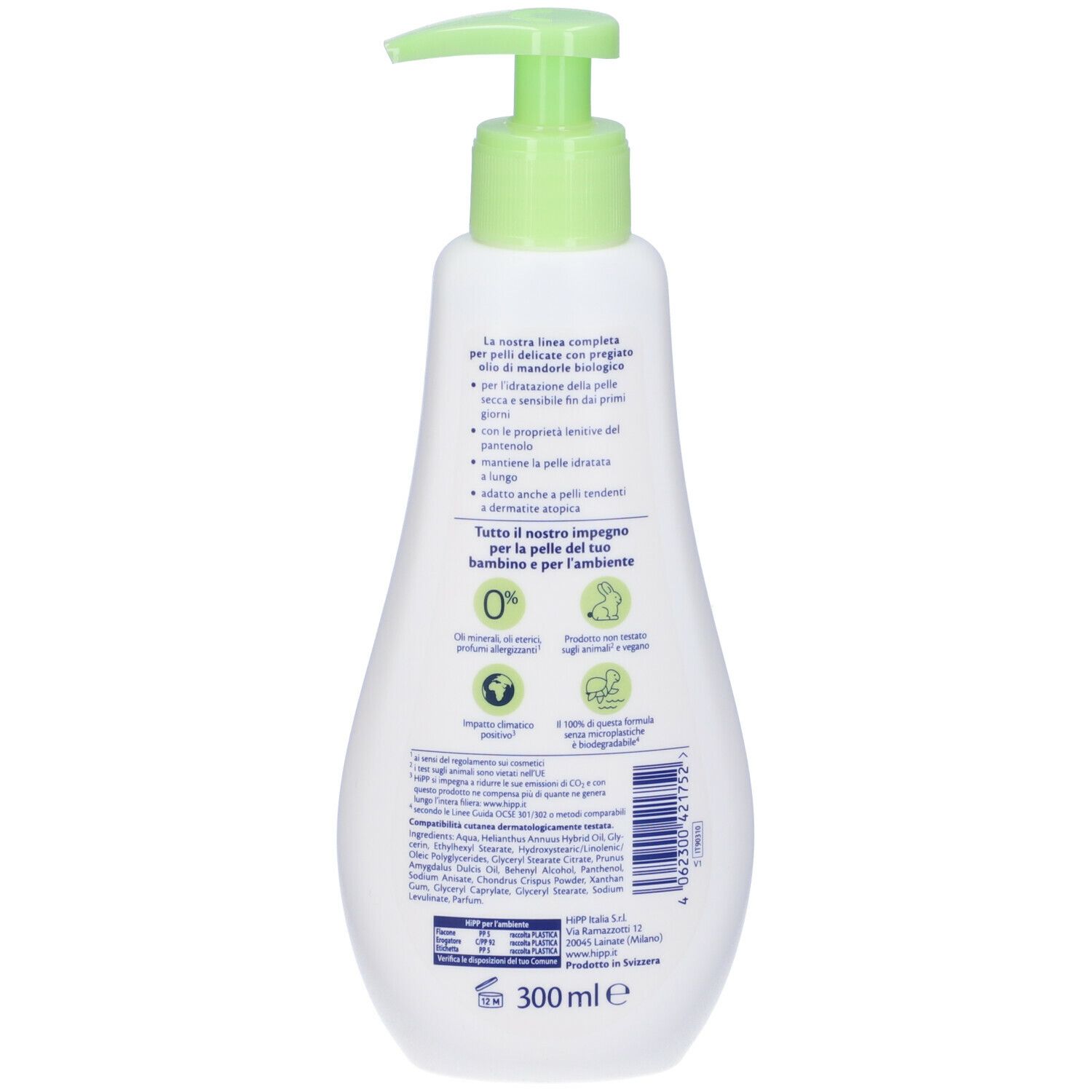 Flacone bianco con erogatore verde. Vista posteriore con testo. Contiene 300 ml. Testo in italiano.