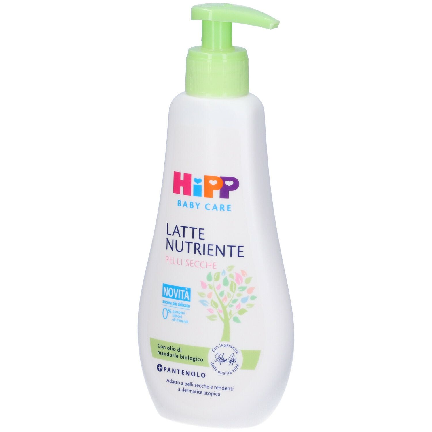 Flacone bianco con erogatore verde. Scritta: Hipp Baby Care Latte Nutriente. Novità. Per pelli secche.