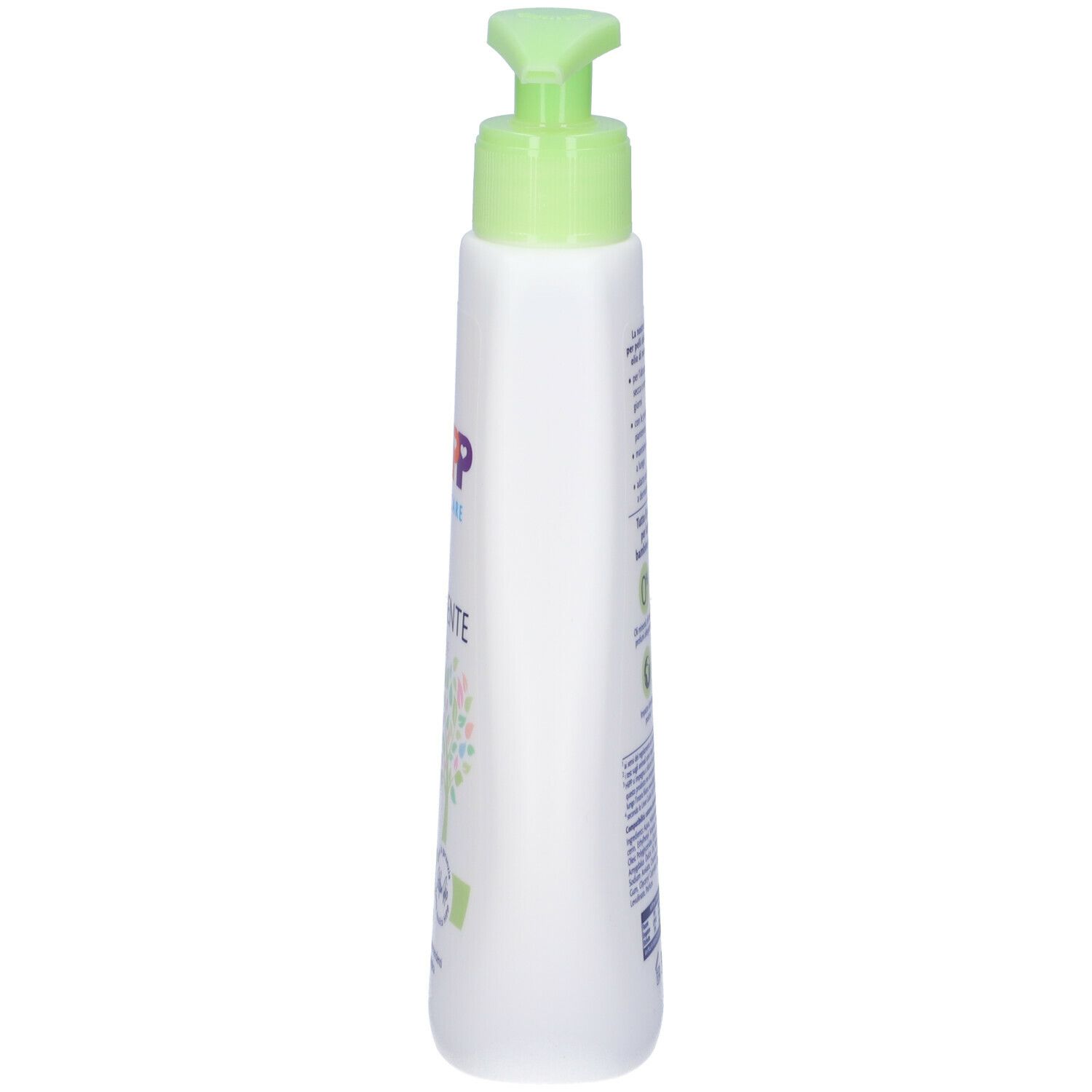 Flacone bianco con erogatore verde. Vista laterale con testo e loghi. Nome del prodotto illeggibile.