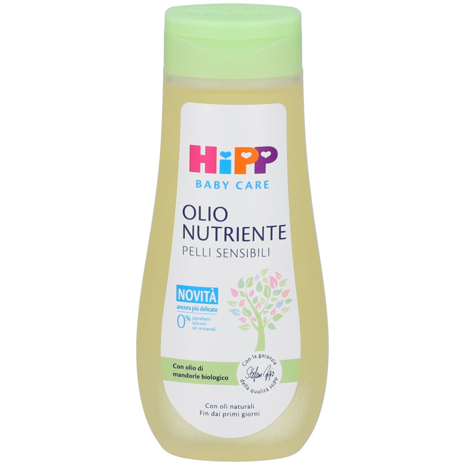 Flacone con tappo verde. Scritta: Hipp Baby Care Olio Nutriente. Per pelli sensibili. Con olio di mandorle biologiche.