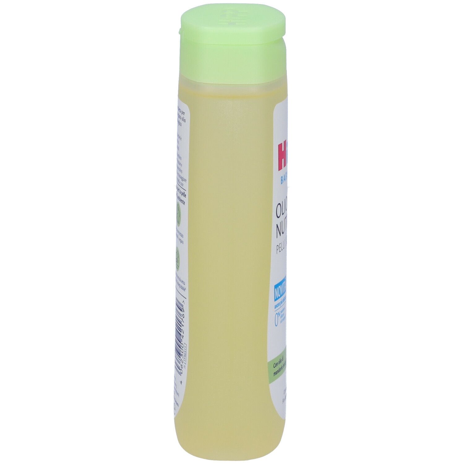 Flacone con tappo verde, vista laterale. Scritta: Hipp Baby Care Olio Nutriente. Per pelli sensibili.