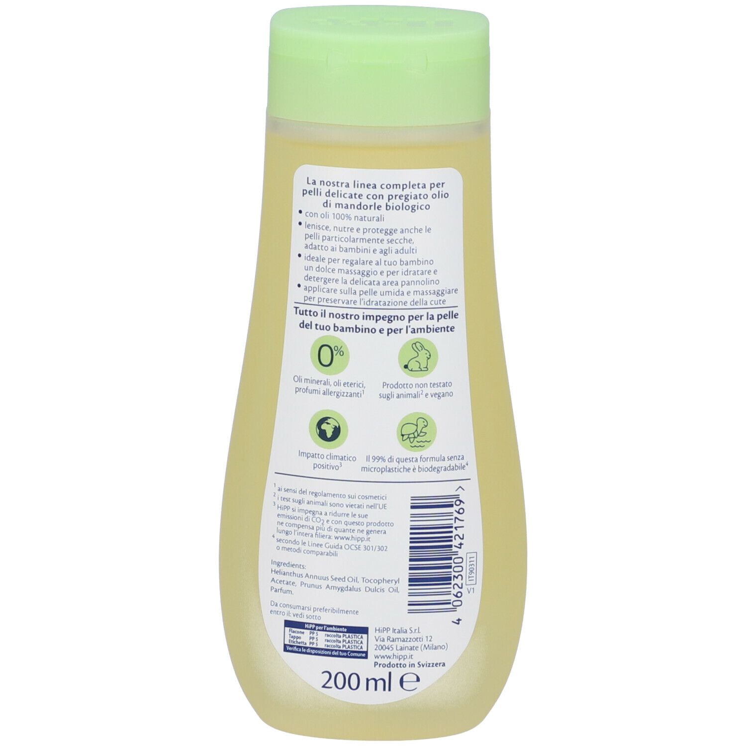 Retro del flacone. Testo: Hipp Baby Care Olio Nutriente. Con olio di mandorle bio. 200 ml. Senza oli minerali, profumo, allergeni.