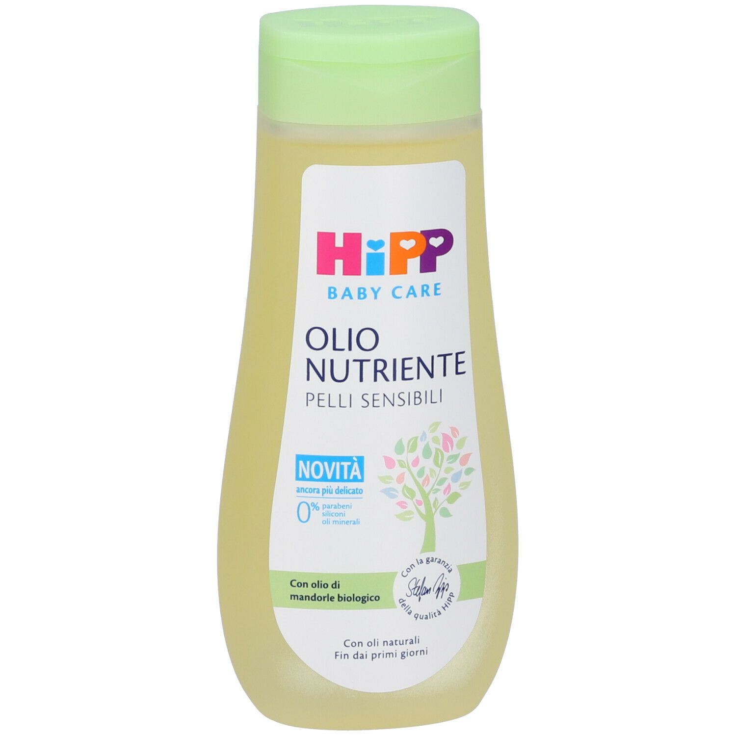 Flacone con tappo verde. Scritta: Hipp Baby Care Olio Nutriente. Per pelli sensibili. Con olio di mandorle biologiche.