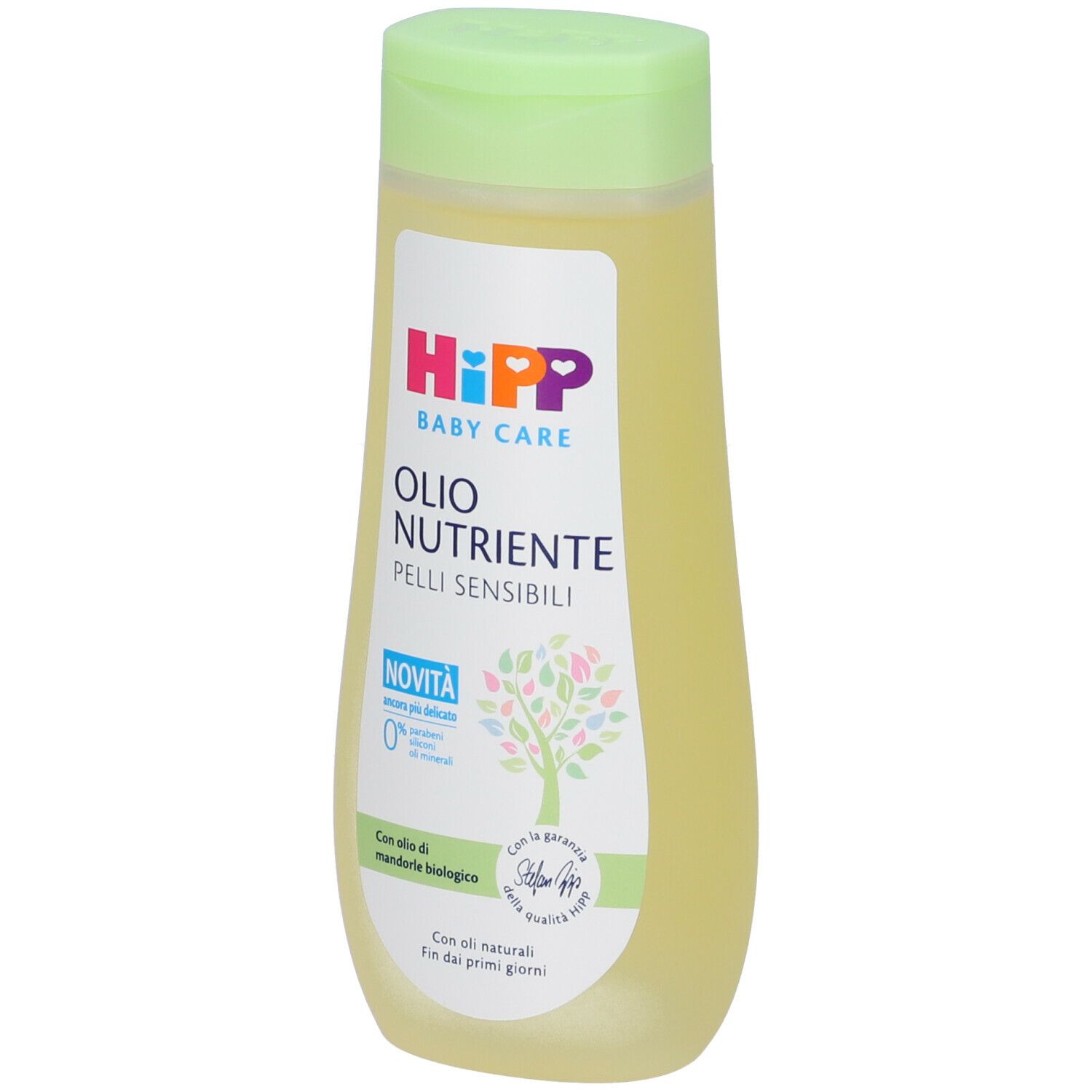 Flacone con tappo verde. Scritta: Hipp Baby Care Olio Nutriente. Per pelli sensibili. Con olio di mandorle biologiche.