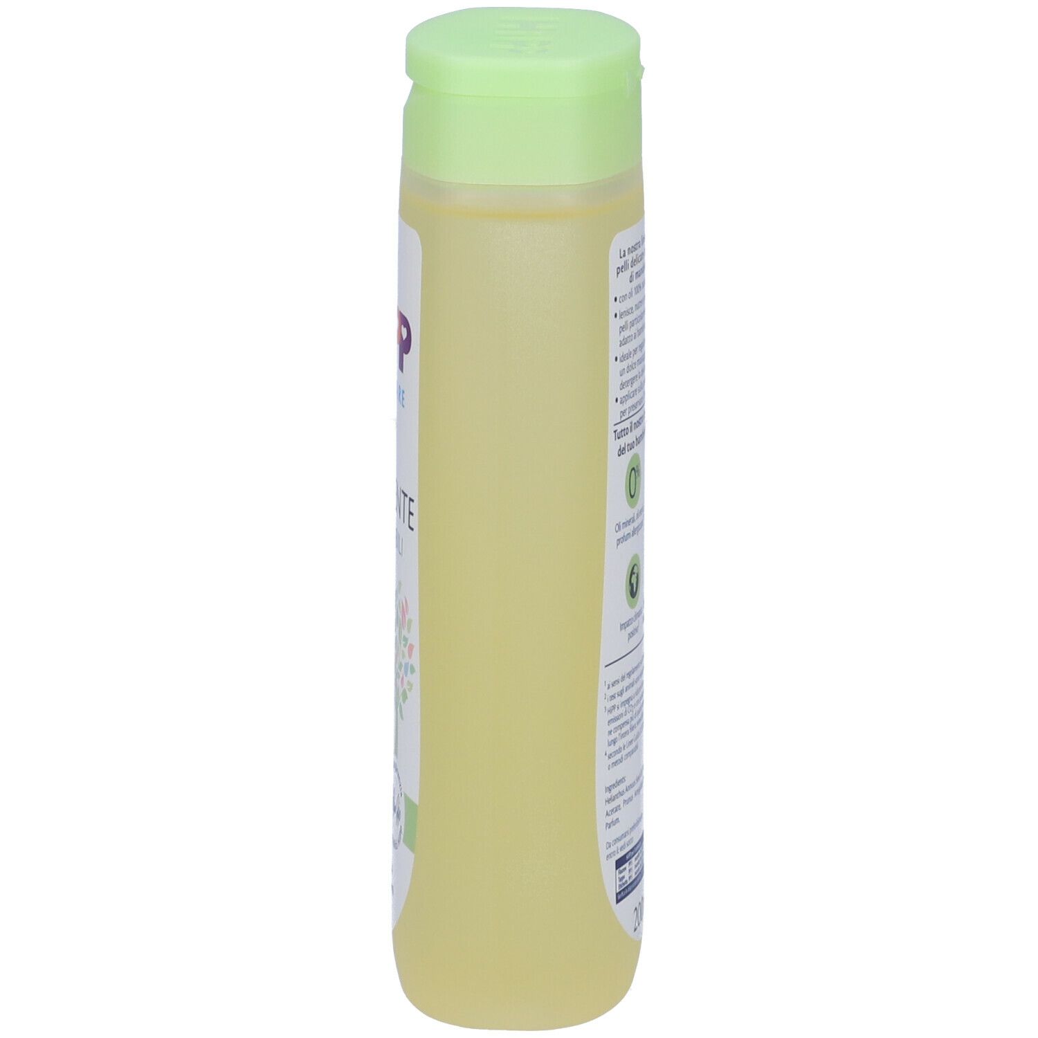 Flacone con tappo verde, vista laterale. Scritta: Hipp Baby Care Olio Nutriente. Per pelli sensibili.