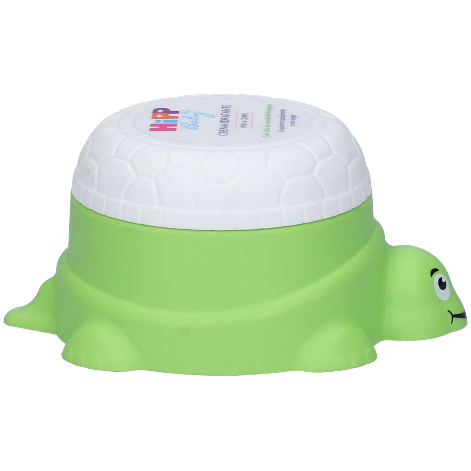 Vasetto di crema verde a forma di tartaruga con coperchio bianco. Sul coperchio è scritto "Hipp Baby".