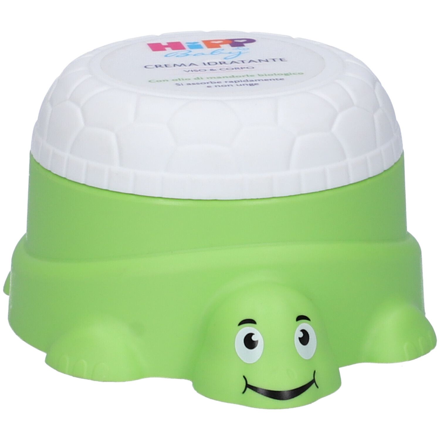 Vasetto di crema verde a forma di tartaruga con coperchio bianco. Sul coperchio è scritto "Hipp Baby".